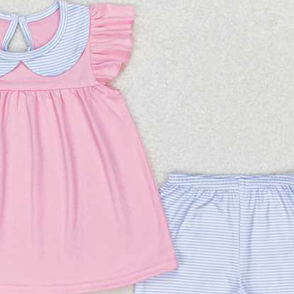 GSSO1064 New Rts No Moq 8-9 Days By Air Arrived it Pink flutter sleeves tunic stripe shorts girls summer outfits