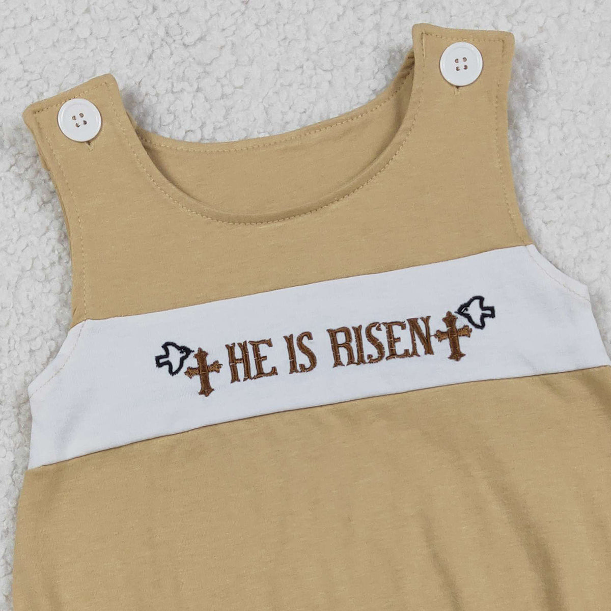 3.14 RTS NO MOQ (In stock)SR3547 Children's Fashion Romper Baby Boys Sleeveless Embroidery He is Risen Crosses Rompers