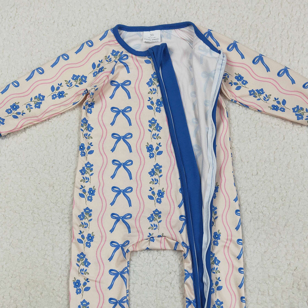 RTS NO MOQ (In stock) LR2327 Baby Girls Winter Rompers Baby Girls Long Sleeves Blue Bows Flowers Stripe Zipper Pant Rompers