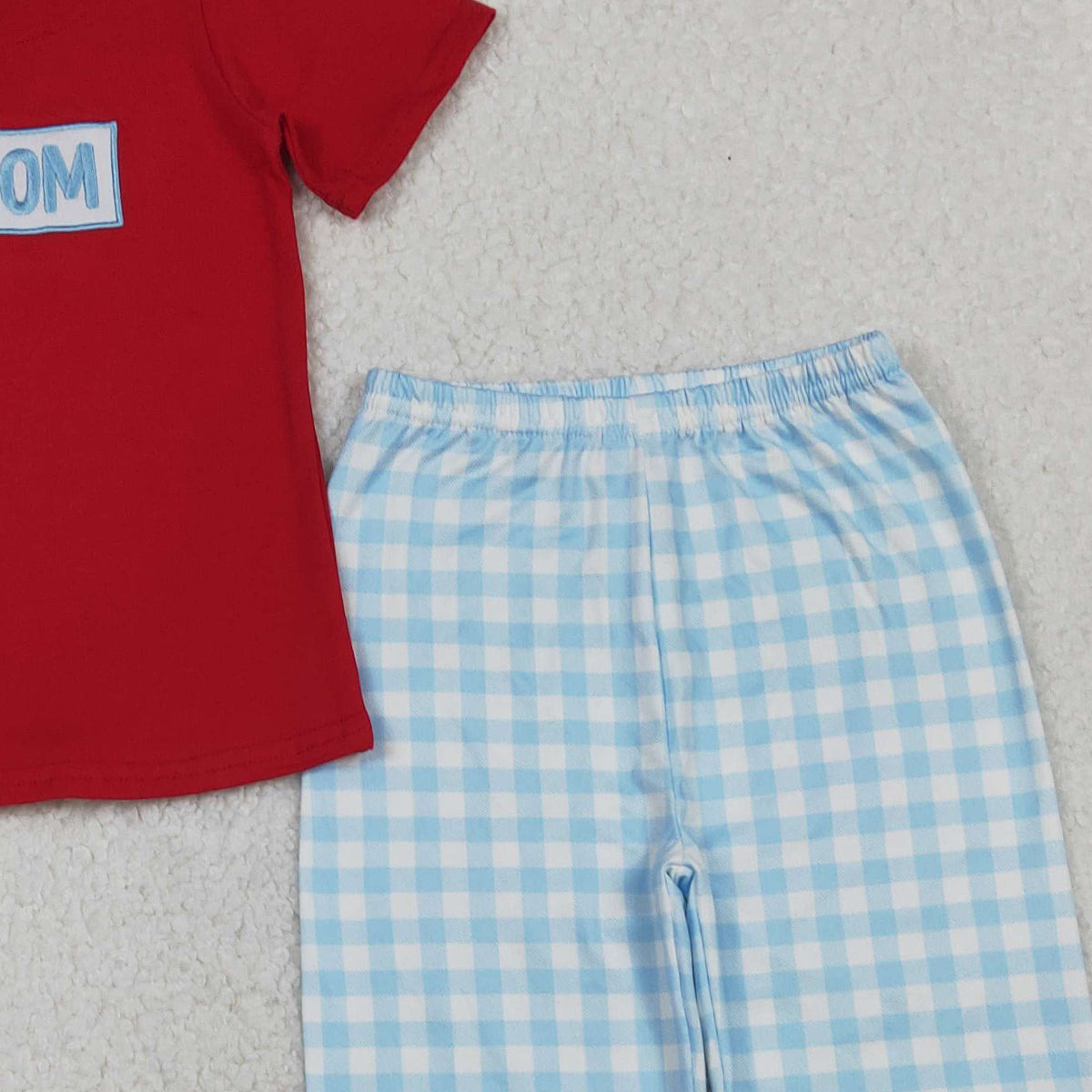 10.22 RTS NO MOQ (In stock)BSPO0588 Embroidery I Love Mom Baby Boys Shirts Checked Pants Clothes Sets