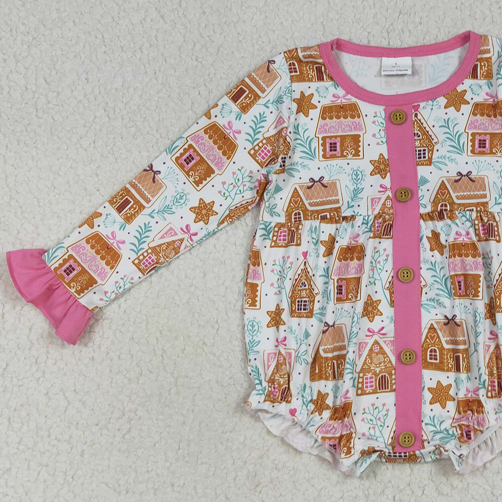 RTS NO MOQ (In stock)LR2282 Baby Girls Winter Rompers Baby Girls Christmas Pink Houses Snowflake Button Ruffle Rompers