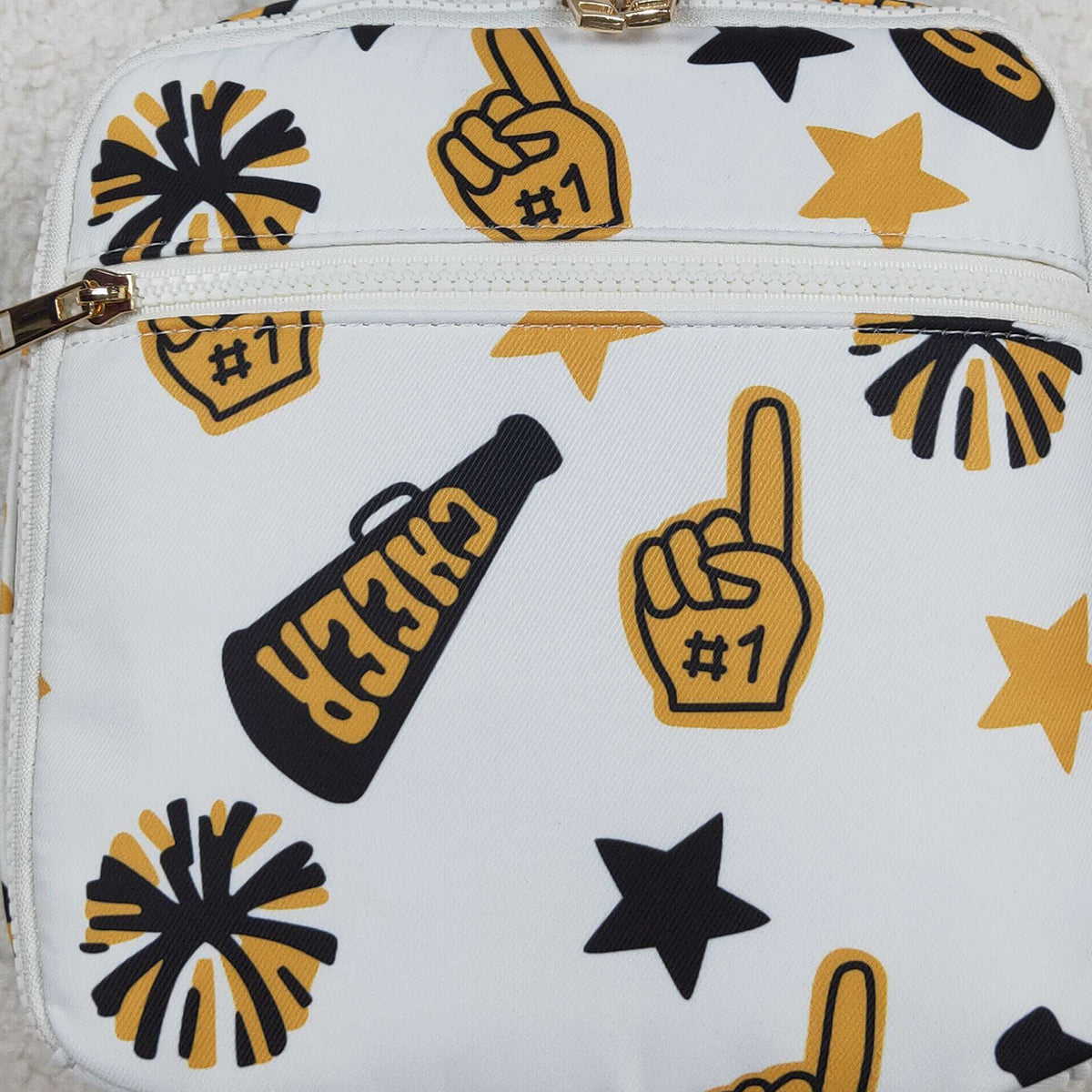 10.21 RTS NO MOQ (In stock)BA0362 Baby Bags Baby Kids Team Black Gold Cheer Fireworks Zipper School Lunch Boxes