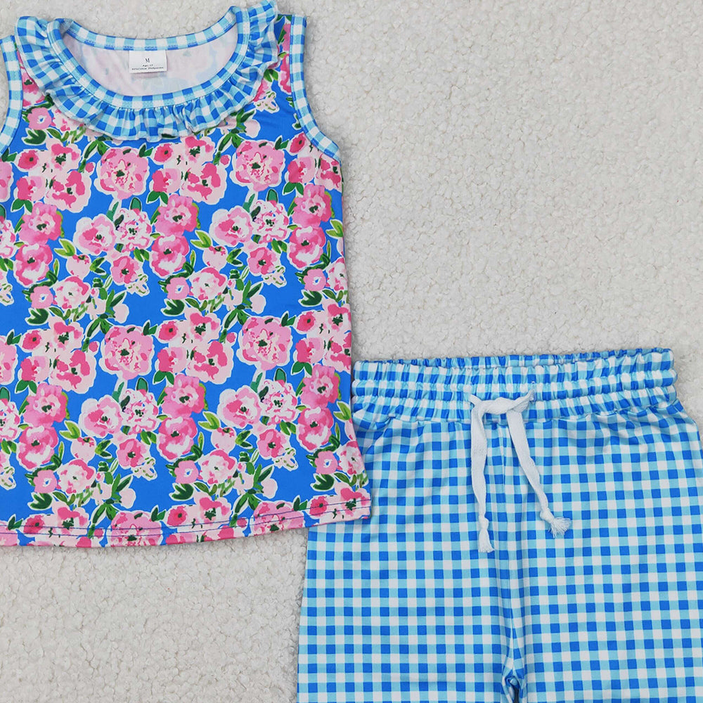 4.07 GSSO2414 RTS NO MOQ Baby Girls Summer Outfits Sleeveless floral top blue plaid shorts girls summer clothes