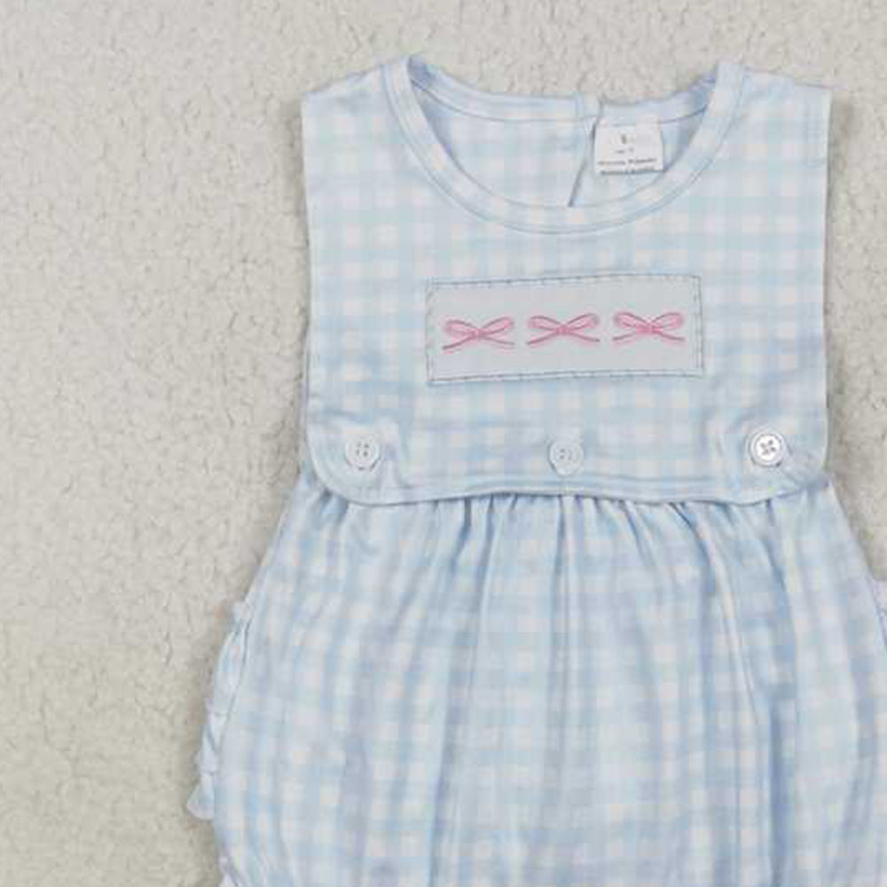4.17 SR2203 RTS NO MOQ Sleeveless bow embroidery plaid ruffle baby girls romper