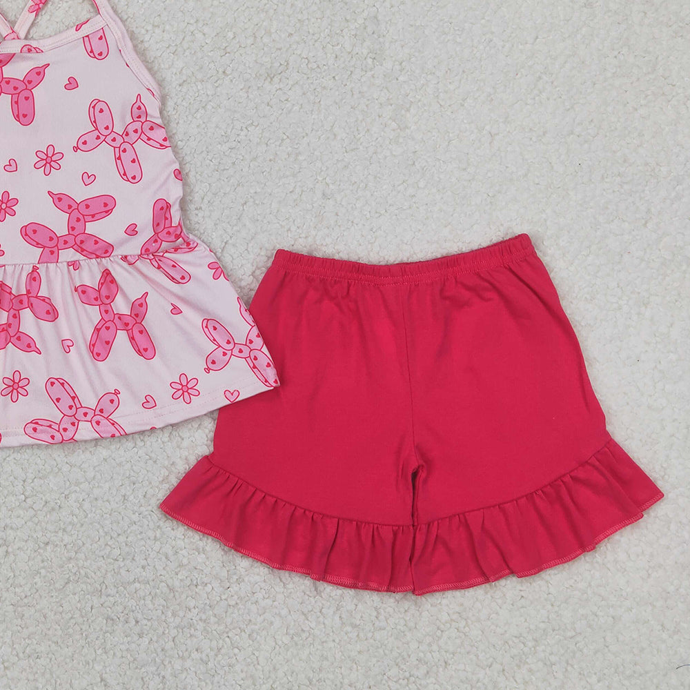 6.16 GSSO2439 RTS NO MOQ Baby Girls Summer Outfits Pink heart dog tunic ruffle shorts girls clothing set