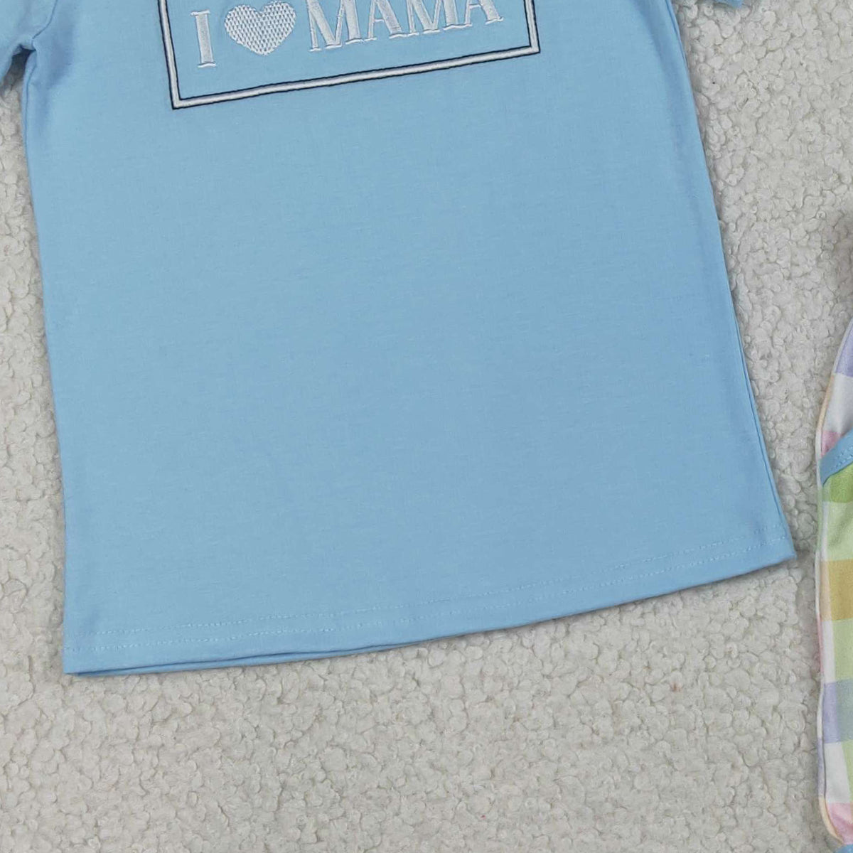 3.18 RTS NO MOQ (In stock)BSSO1605 Fashion Clothing For Baby Boys Embroidery I Love Mama Top Checked Pockets Short Clothes Sets