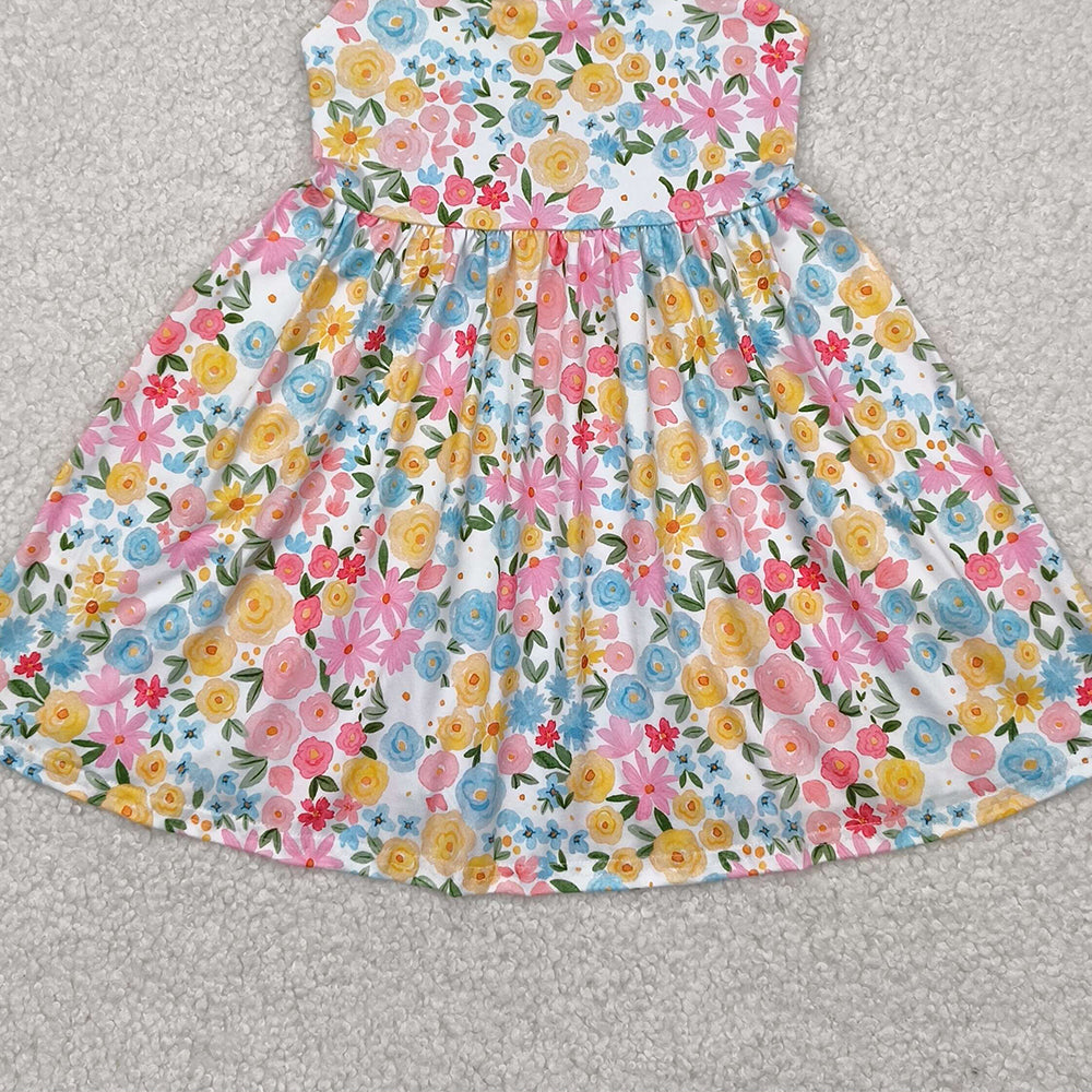 GSD2207 RTS NO MOQ Baby Girls Summer Dress Kids Girls Yellow Floral Backless Dress with Flutter Sleeves Cute Casual Summer Dress for Girls