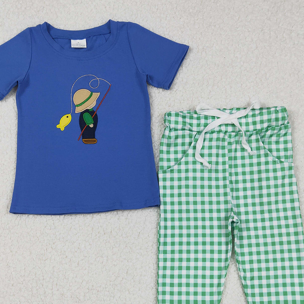 RTS NO MOQ (In stock)BSPO0506 Baby Boys Autumn Outfits Blue Plaid Short Sleeve Fishing Top And Pants Boys Clothing Set