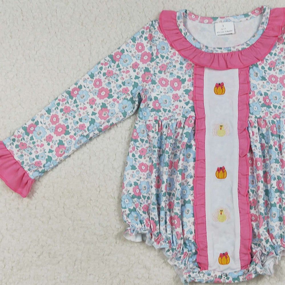 7.10 LR2219 RTS NO MOQ Baby Girls Winter Rompers Embroidery Baby Girls Long Sleeves Turkey Pumpkins Floral Ruffle Rompers