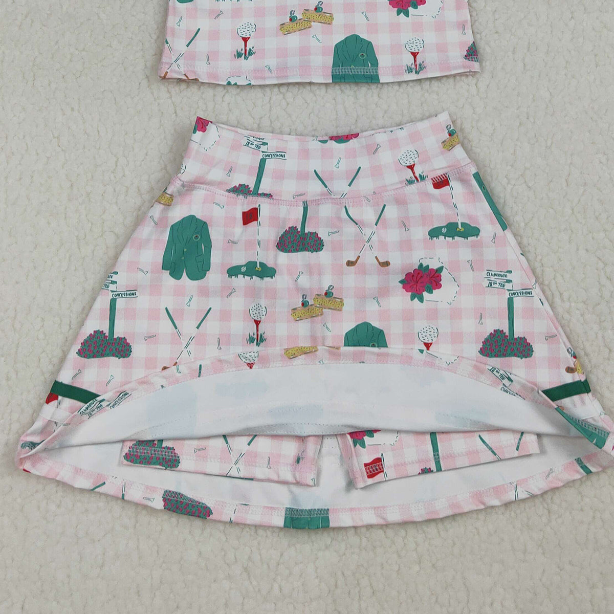 3.21 RTS NO MOQ (In stock)GSD3520 Kids Clothing for Baby Girls Sleeveless Pink Checked Golf Flags Button Top Skirt Short Yoga Active Clothes Sets