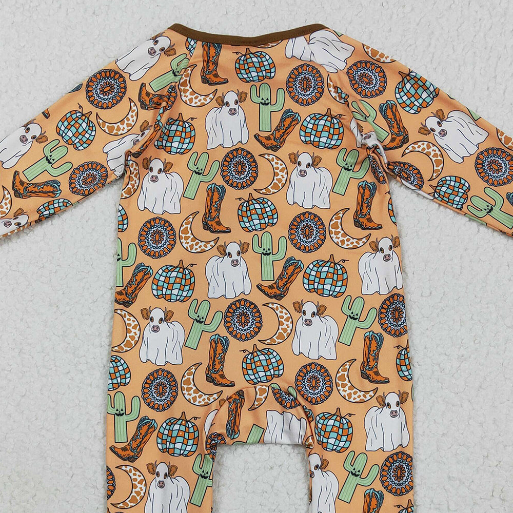 RTS NO MOQ (In stock)LR2463 Baby Boys Winter Rompers Baby Boys Western Cactus Boots Cows Zipper Footie Rompers