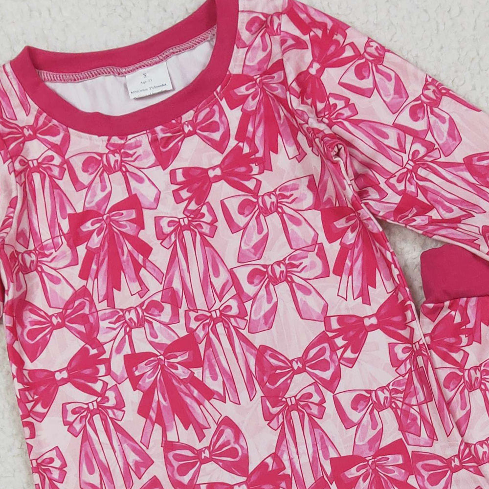 RTS NO MOQ (In stock)GLP2539 Baby Girls Winter Outfits Baby Girls Hot Pink Bows Plaid Top Pant Pajamas Set