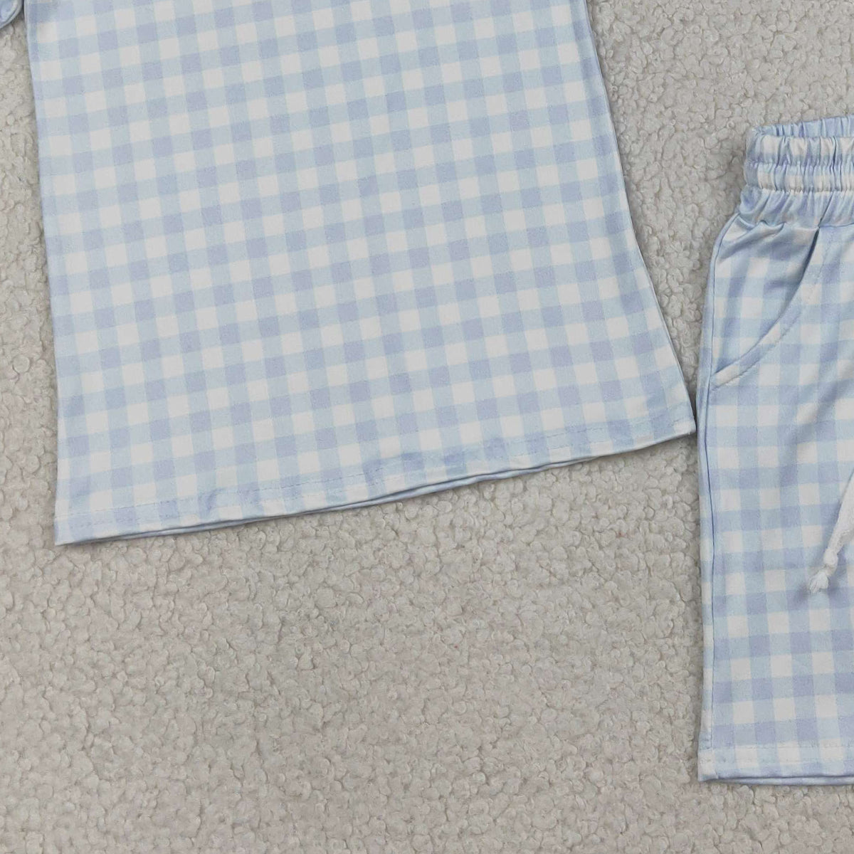 3.26 RTS NO MOQ (In stock)BSSO1896 Fashion Clothing For Baby Boys Short Sleeve Light Blue Checked Top Pockets Shorts Clothes Sets