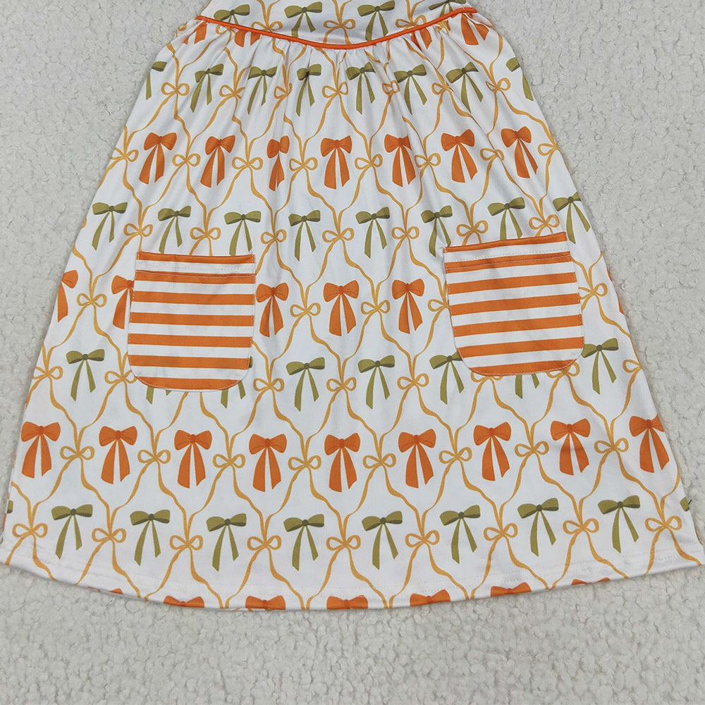 RTS NO MOQ (In stock)GSD2676 Baby Girls Summer Dress Baby Girls Straps Orange Bows Plaid Stripe Pockets Knee Length Dresses