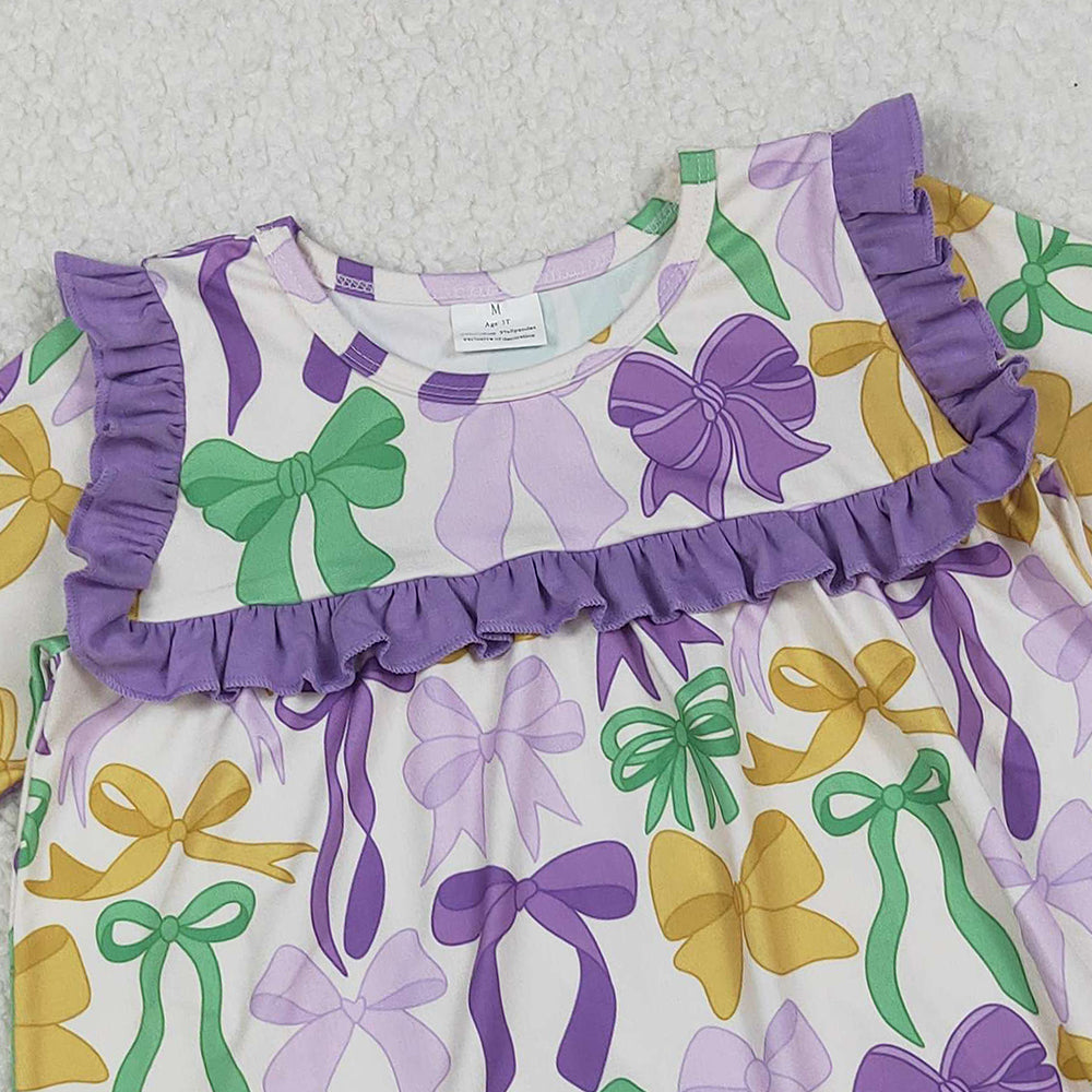 9.30 RTS NO MOQ (In stock)GLD1295 Baby Girls Winter Dress Baby Girls Mardigras Bows Ruffle Sleeve Knee Length Dresses