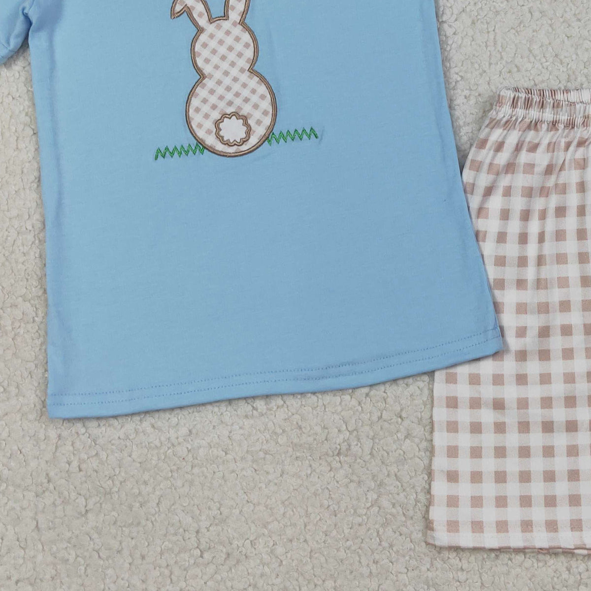 3.19 RTS NO MOQ (In stock)BSSO0305 Fashion Clothing For Baby Boys Embroidery Rabbit Shirt Checked Shorts Easter Clothes Sets
