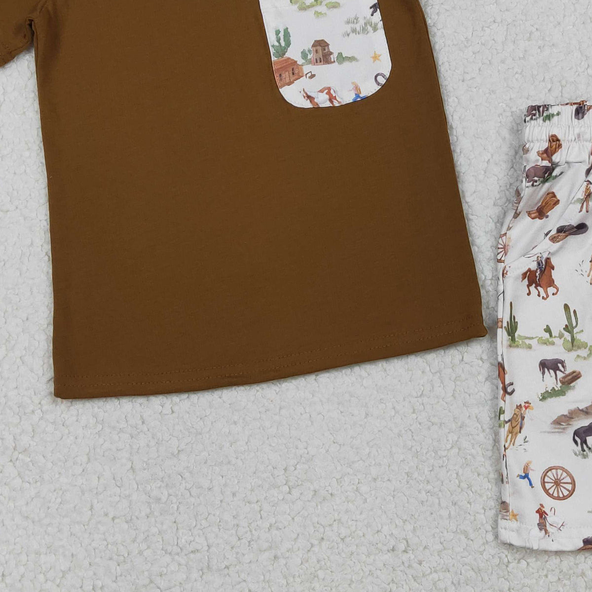 3.23 RTS NO MOQ (In stock)BSSO1825 Fashion Clothing For Baby Boys Short Sleeve Brown Shirt Top Horse Rodeos Cactus Pockets Short Clothes Sets
