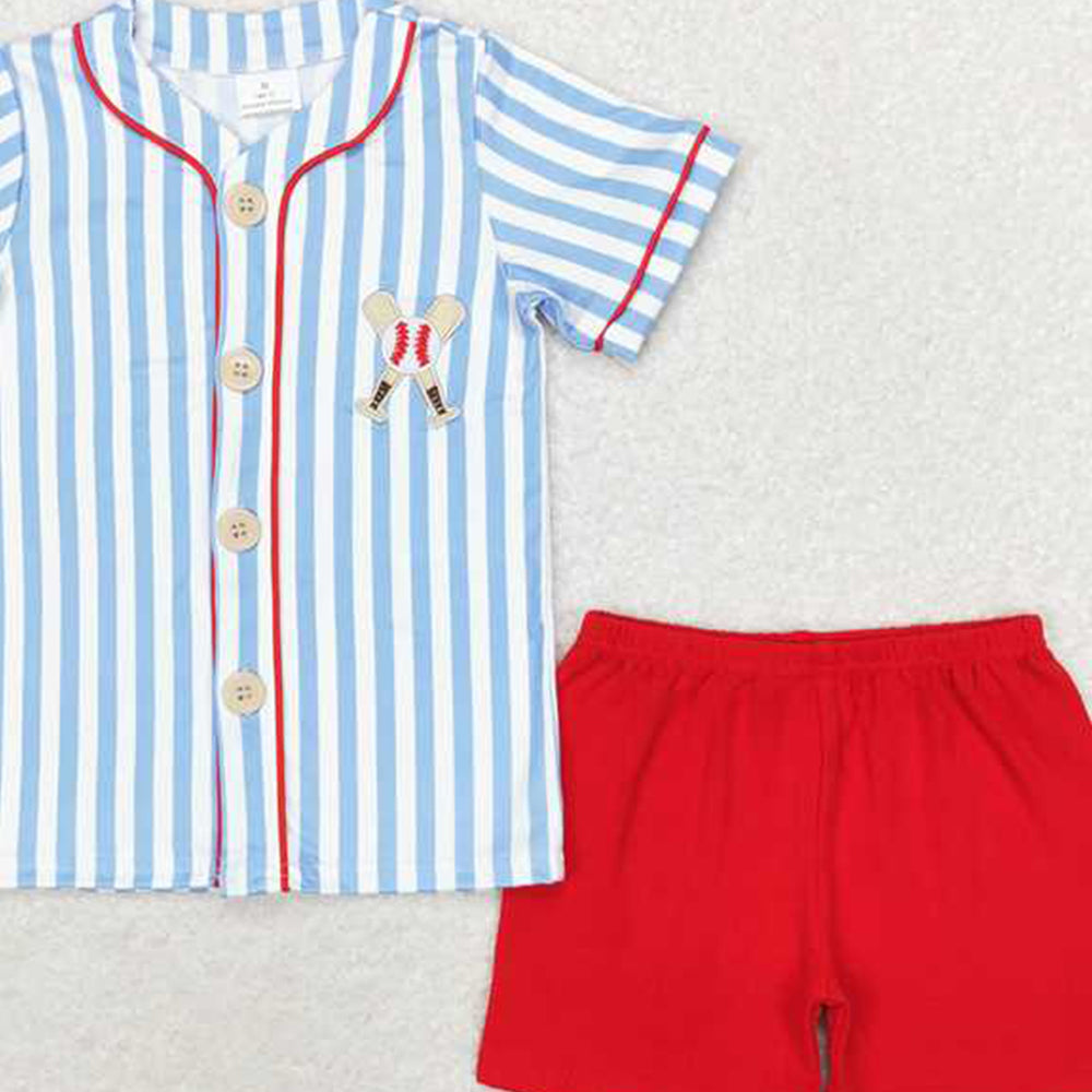 BSSO0800 RTS NO MOQ Short sleeves stripe baseball kids boys clothing set