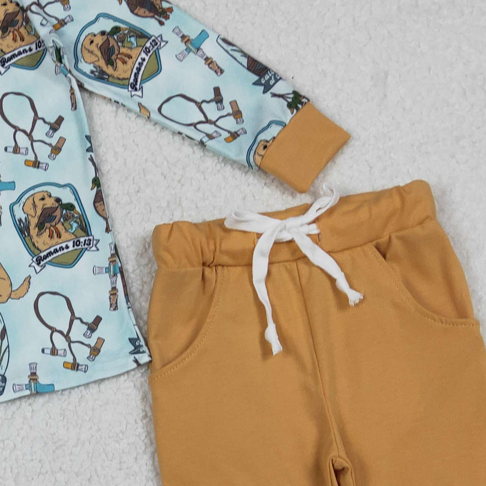 RTS NO MOQ (In stock)BLP1177 Baby Boys Winter Outfits Ducks Dogs Hunting Top Pants Southern Pajamas Sets