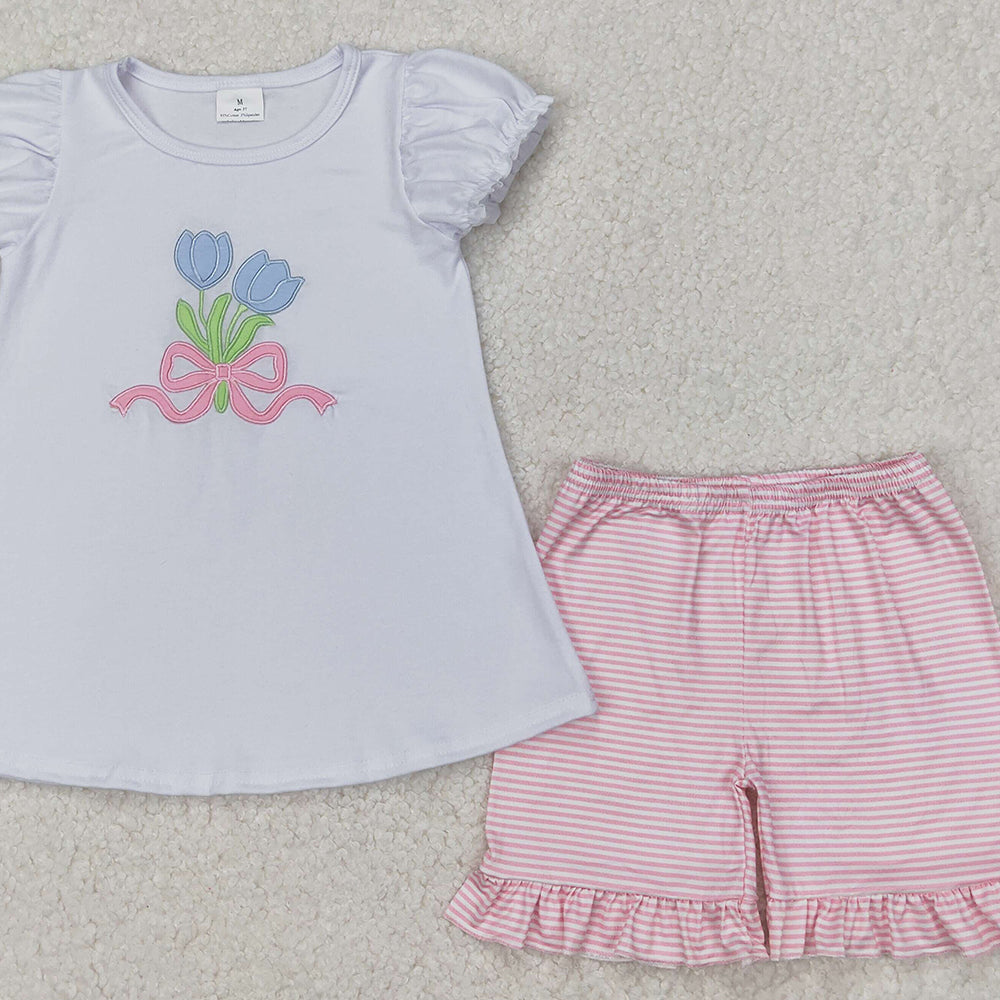 4.08 GSSO2275 RTS NO MOQ White short sleeves tulip top pink stripe shorts girls clothes