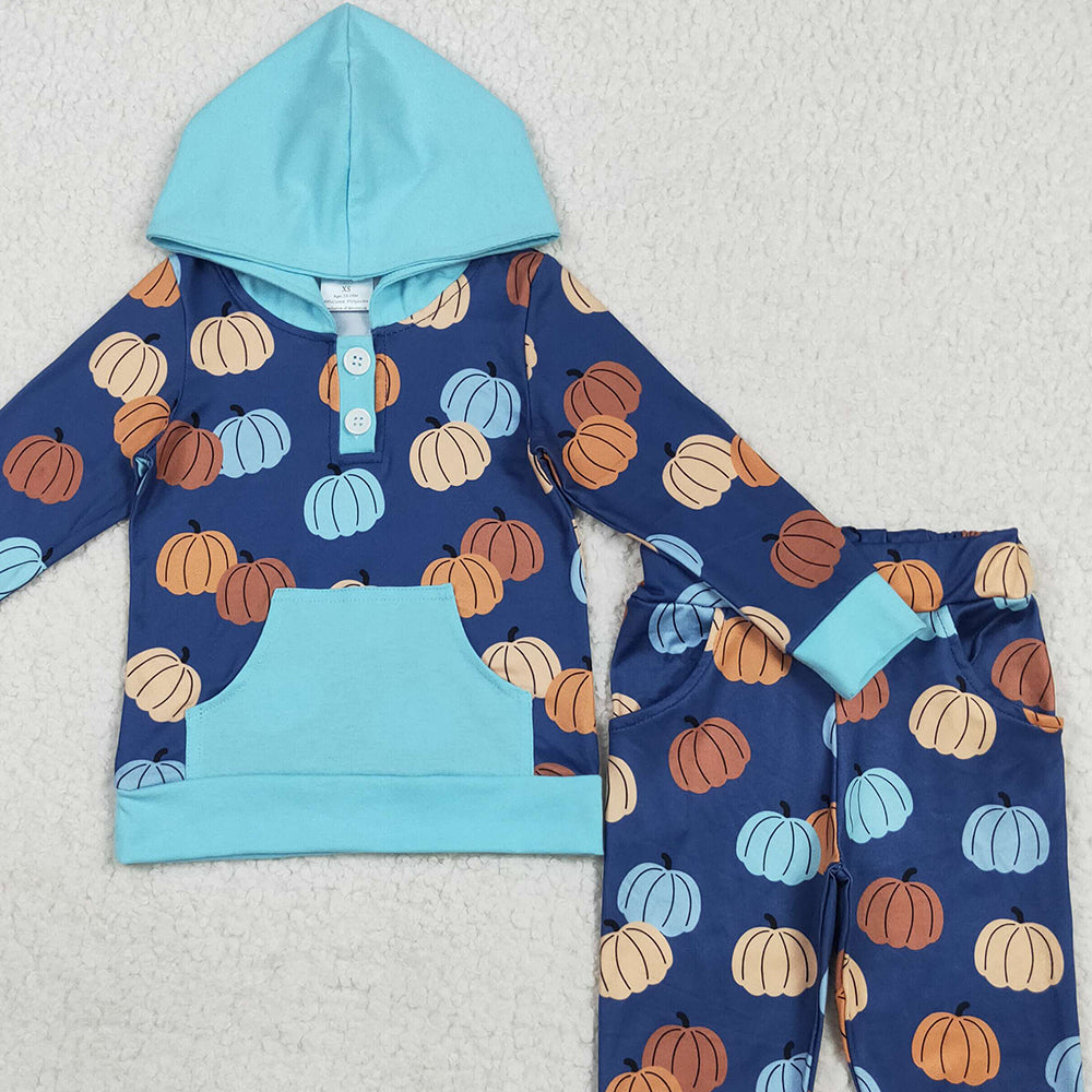 RTS NO MOQ (In stock)BLP1154 Baby Boys Winter Outfits Baby Boys Colorful Pumpkins Pocket Button Hoodies Legging Pants Sets