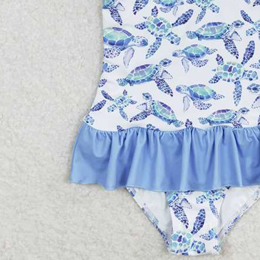 S0430Girls Turtle Halter One Piece Swimsuit Summer Fun Floral Print Swimwear for Kids