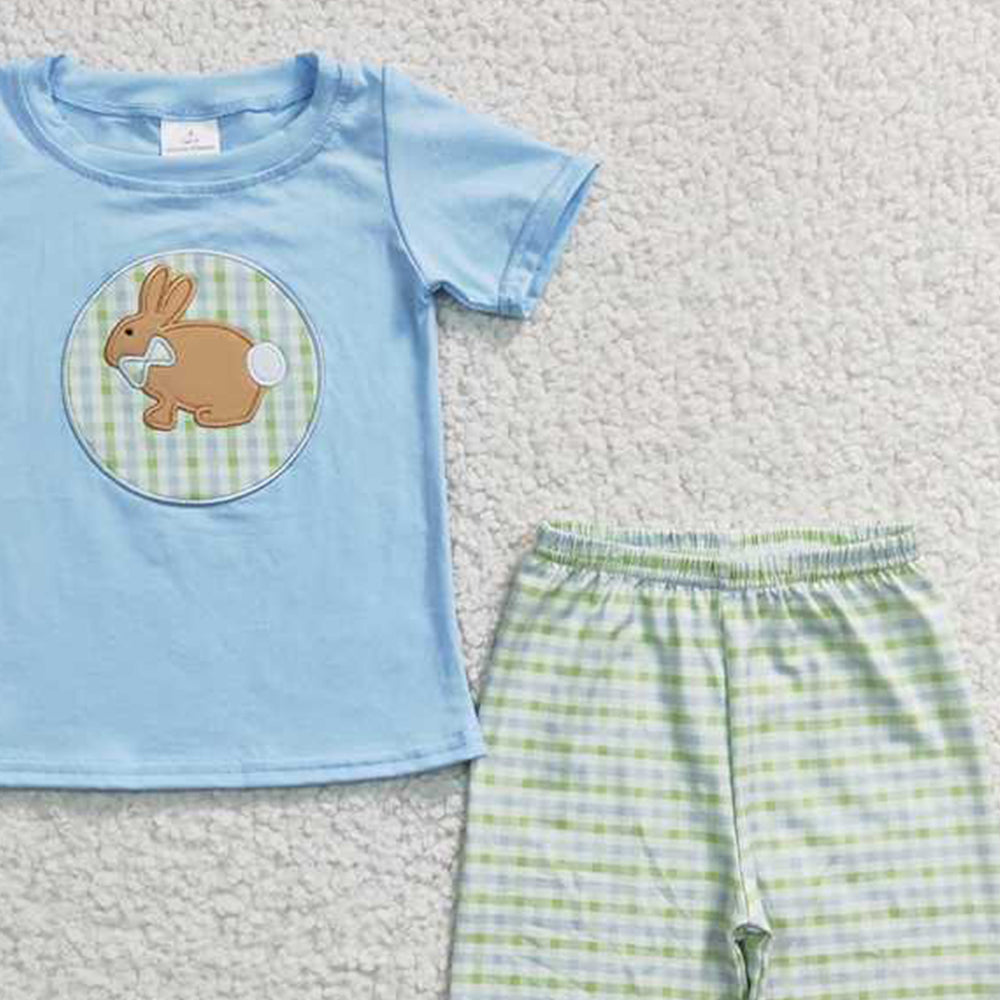 BSSO0130 RTS NO MOQ Rabbit embroidery cotton shirt plaid shorts boy easter outfits