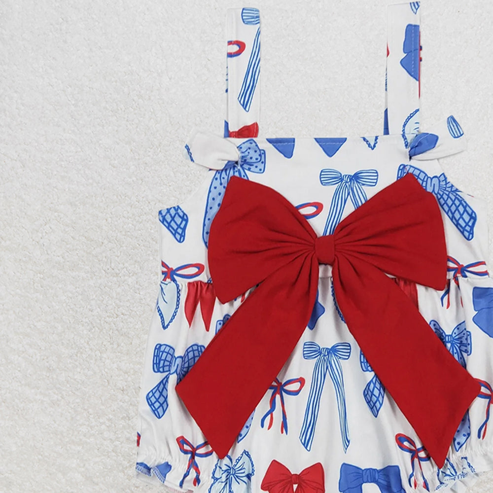4.08 SR2606 RTS NO MOQ Baby Girls Summer Romper Baby Girls Strap Red Blue Bows 4th Of July Romper