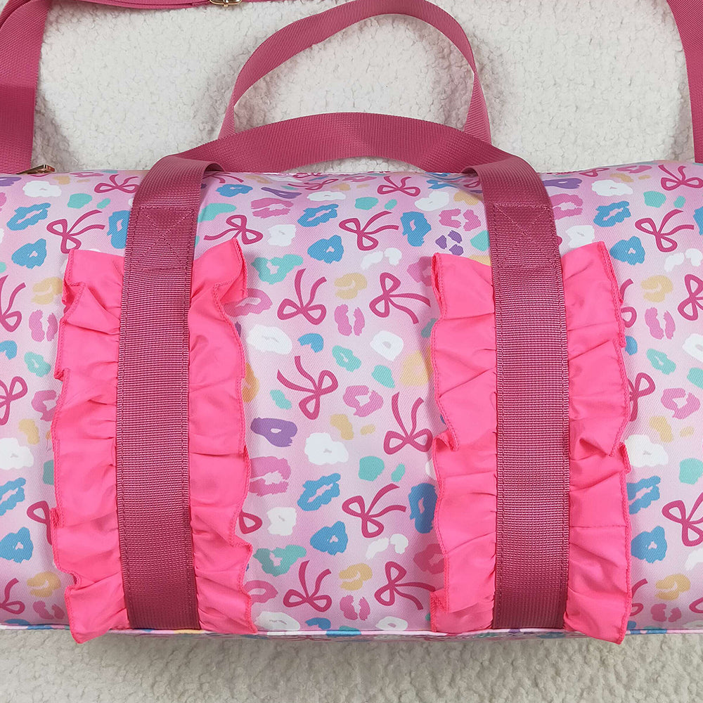 8.22 NO MOQ (In stock)BA0320 Baby Bags Pink Leopard Bows Gym Duffels Weekend Bags