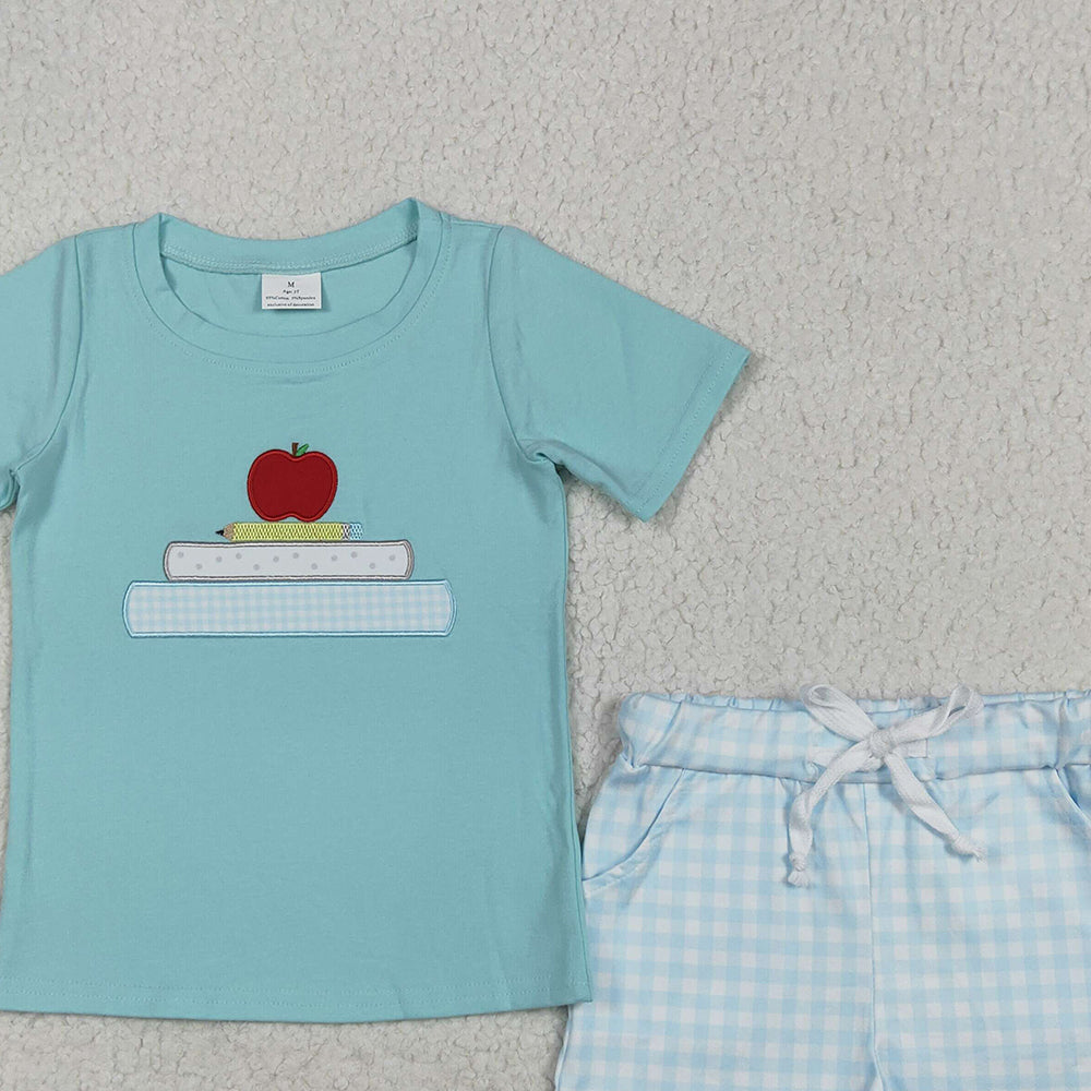 7.01 BSSO1329 RTS NO MOQ Baby Boys Summer Boys Outfits Baby Boys Embroidery Apple Pencil Top Pockets Shorts Back To School Clothes Sets