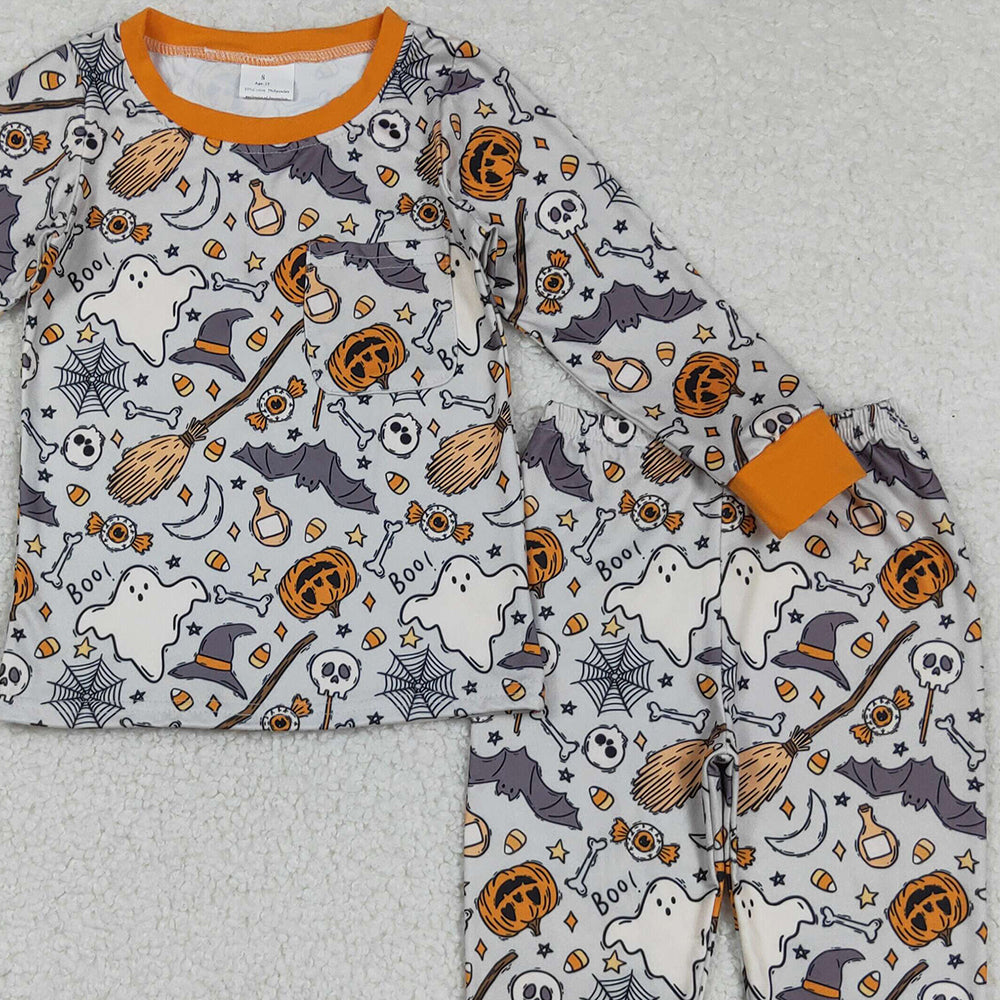RTS NO MOQ (In stock)BLP1147 Baby Boys Winter Outfits Baby Boys Ghost Pumpkins Bats Top Pant Halloween Pajamas Set