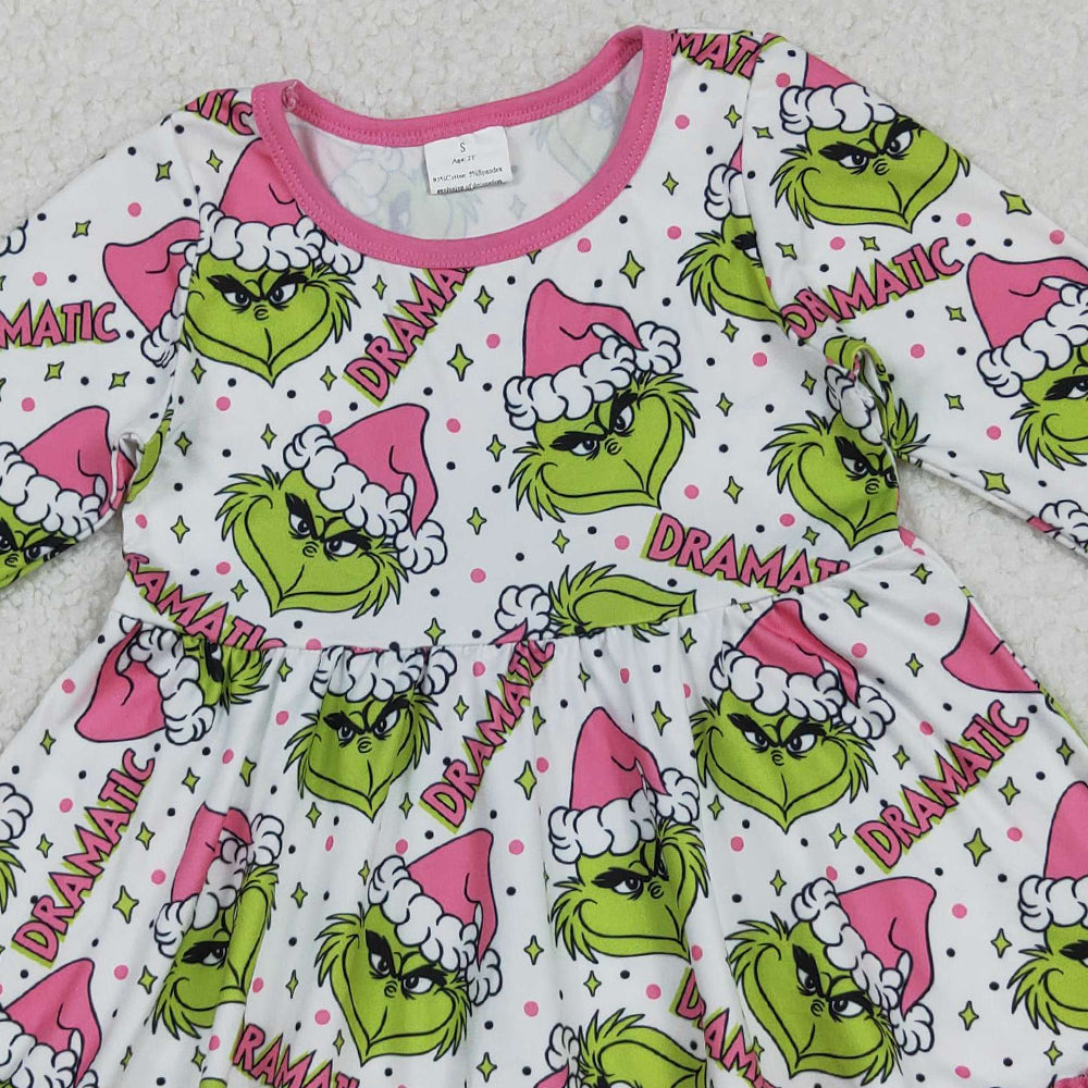 RTS NO MOQ (In stock)GLD1234 Baby Girls Winter Dress Girls Green-faced Long-Sleeve Dress with Pink Ruffle Christmas Hat Cute Children's Outfit
