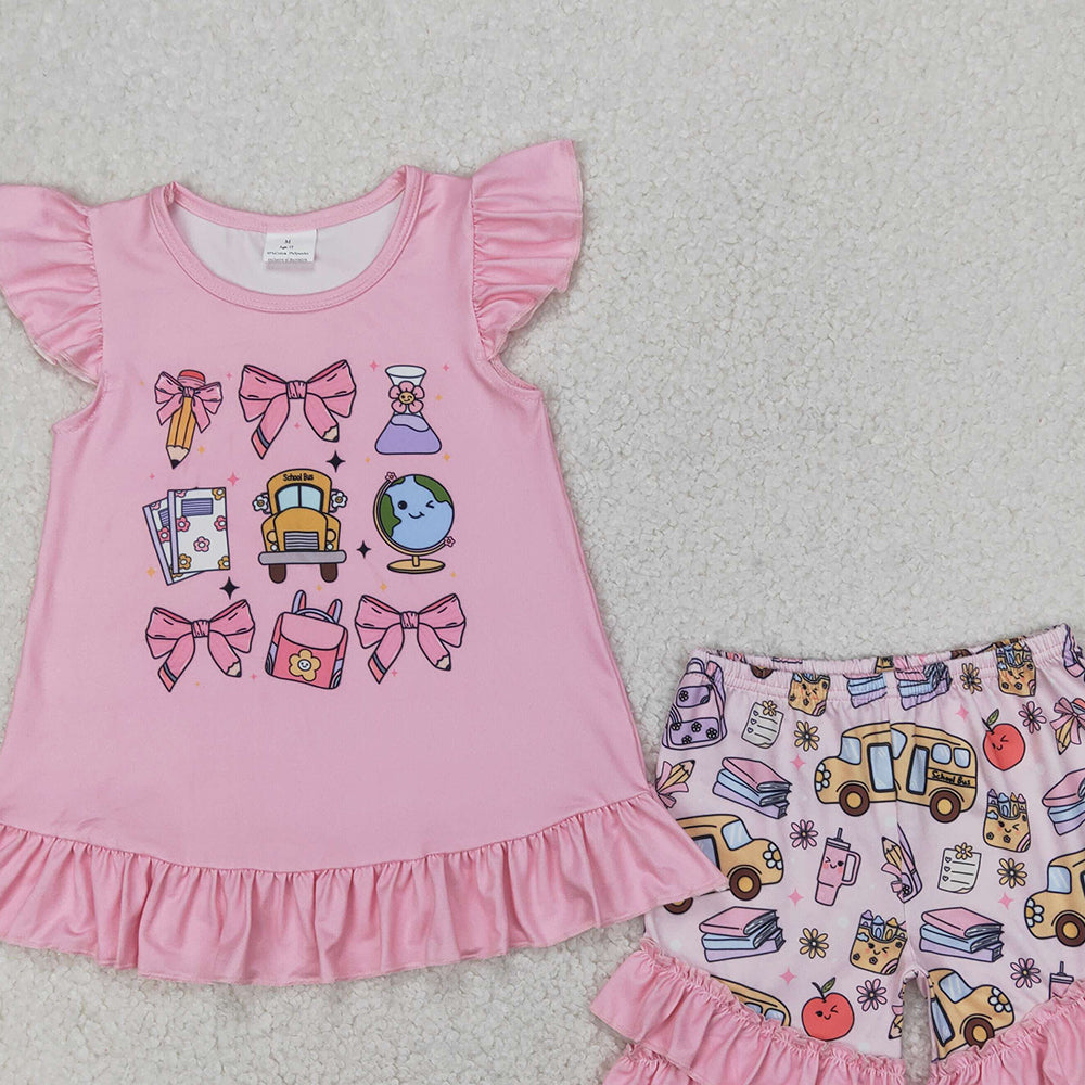 4.12 GSSO1910 RTS NO MOQ Baby Girls Summer Outfits Flutter sleeves pencil bow kids girls back to school outfits