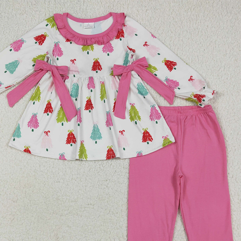 GLP2422RTS NO MOQ Baby Girls Winter Outfits Baby Girls Long Sleeves Bows Trees Tunic Ruffle Pant Set