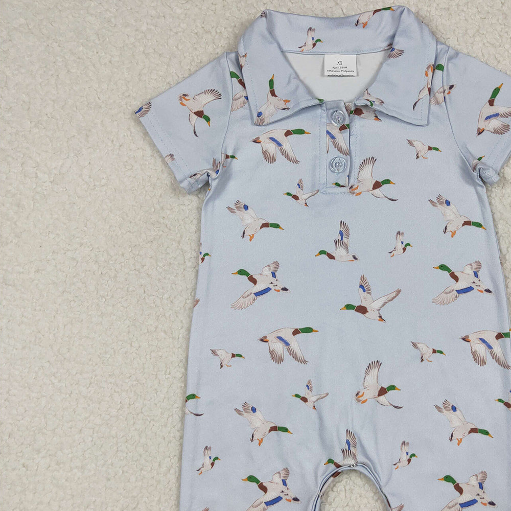 USA Shop (in stock) SR3032 RTS NO MOQ Baby Boys Summer Rompers Baby Boys Mallard Duck In Blue Short Sleeve Romper