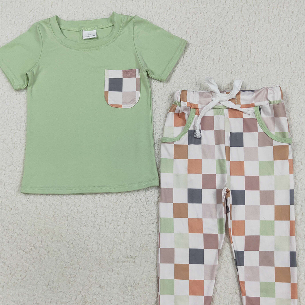 RTS NO MOQ (In stock)BSPO0576 Baby Boys Autumn Outfits Kids Boys Green Short Sleeve Top Checked Pants Set