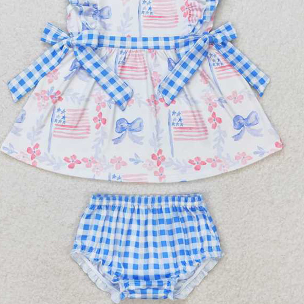 4.08 GBO0363 RTS NO MOQ Baby Girls Summer Outfits Baby Girls July 4th Flag Bow Bummie Set