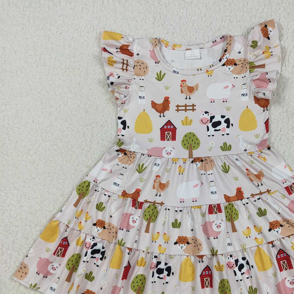 8.20 RTS NO MOQ (In stock)GSD2595 Baby Girls Summer Dress Baby Girls Flutter Sleeves Cows Chicks Farm Knee Length Dresses