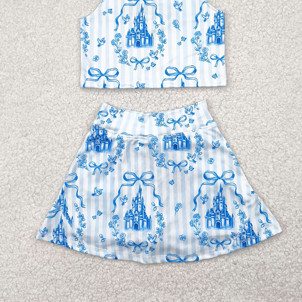 USA Shop (in stock)GSD2198 Baby Girls Yoga Outfits Sleeveless light blue bow castle top skirt girls active wear set