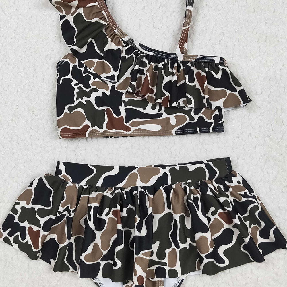 S0481 RTS NO MOQ Baby Girls Summer Swimsuits Brown camo ruffle kids girls two pieces swimsuits