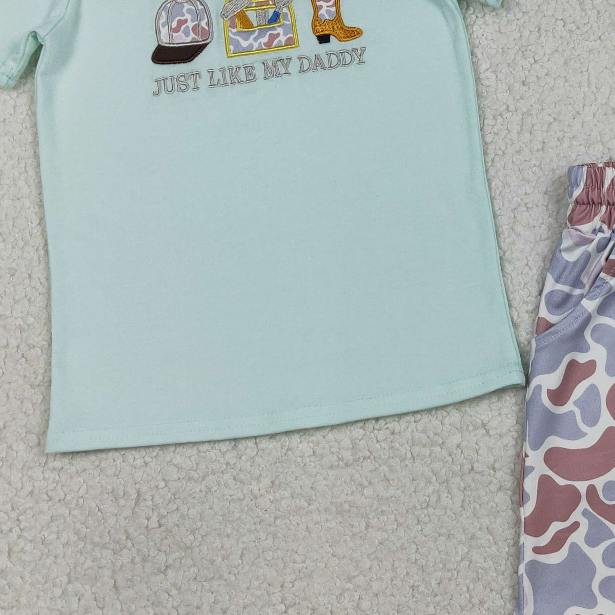 1.21 RTS NO MOQ (In stock)BSSO1710 Embroidery Just Like My Daddy Baby Boys Top Camo Pockets Shorts Clothes Sets