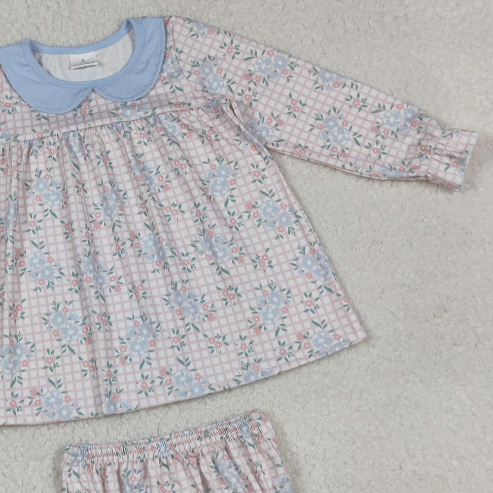RTS NO MOQ (In stock)GBO0466 Baby Girls Summer Outfits Long Sleeve Bummies Set Pink Plaid Floral Doll Collar Outfit for Kids