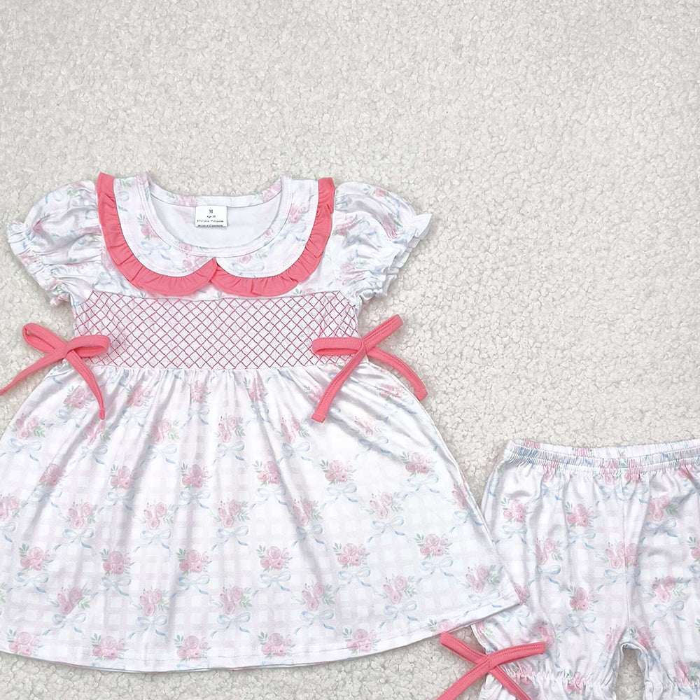 4.09 GSSO2368 RTS NO MOQ Baby Girls Summer Outfits Embroidery Short sleeves floral plaid bow tunic shorts girls clothes