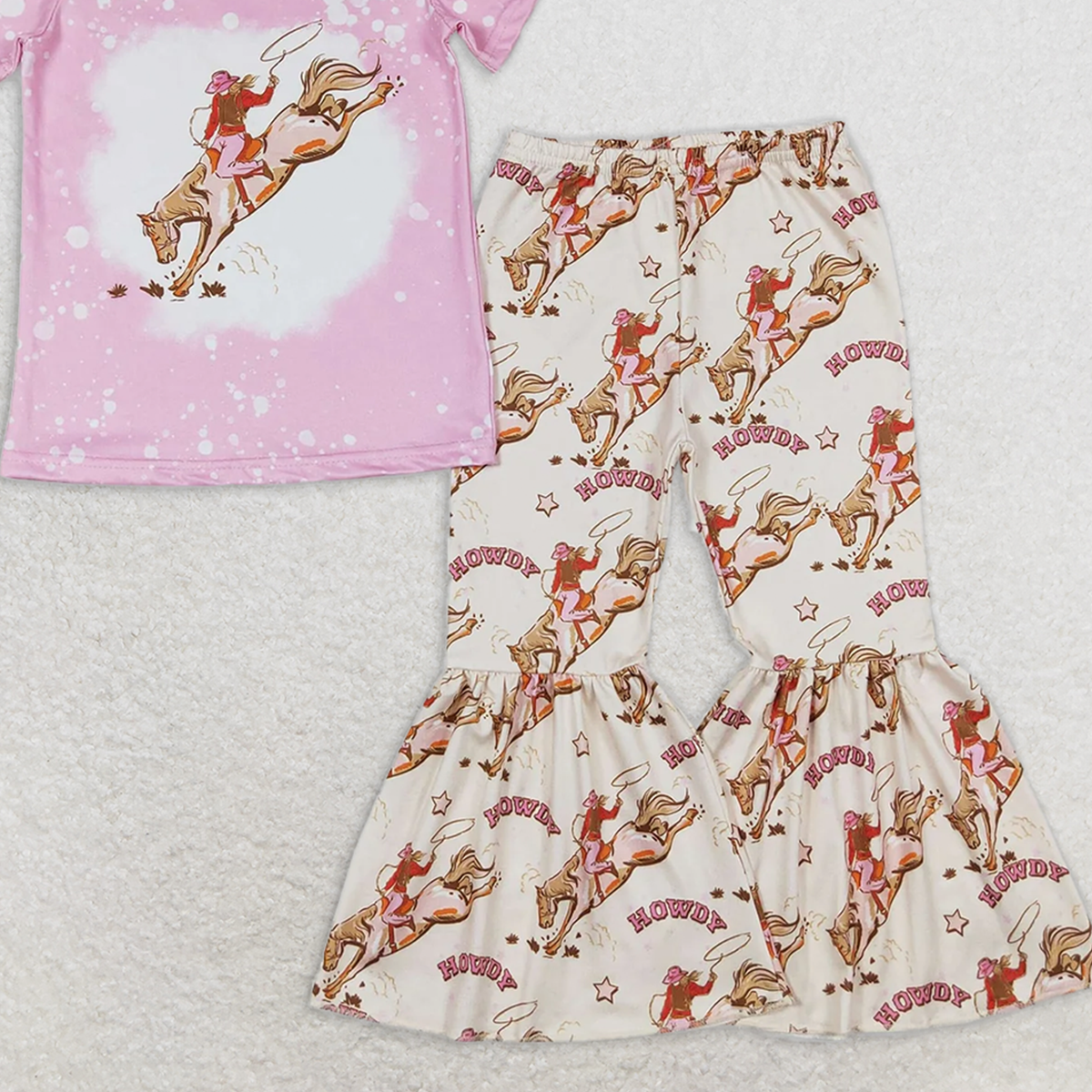 GSPO1487 RTS NO MOQ Baby Girls Spring Outfits howdy riding pink short-sleeved trousers suit