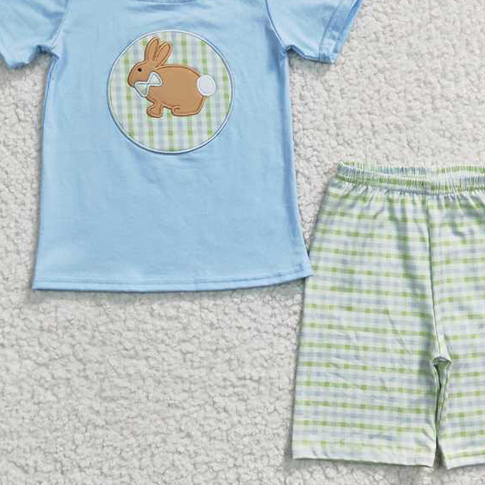BSSO0130 RTS NO MOQ Rabbit embroidery cotton shirt plaid shorts boy easter outfits