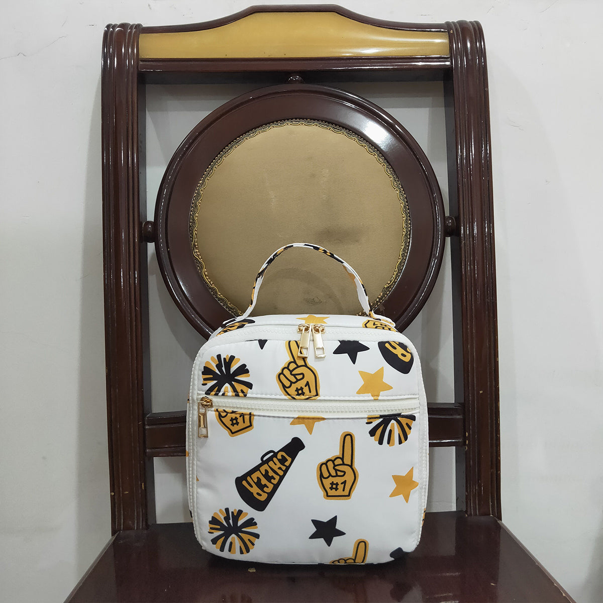 10.21 RTS NO MOQ (In stock)BA0362 Baby Bags Baby Kids Team Black Gold Cheer Fireworks Zipper School Lunch Boxes