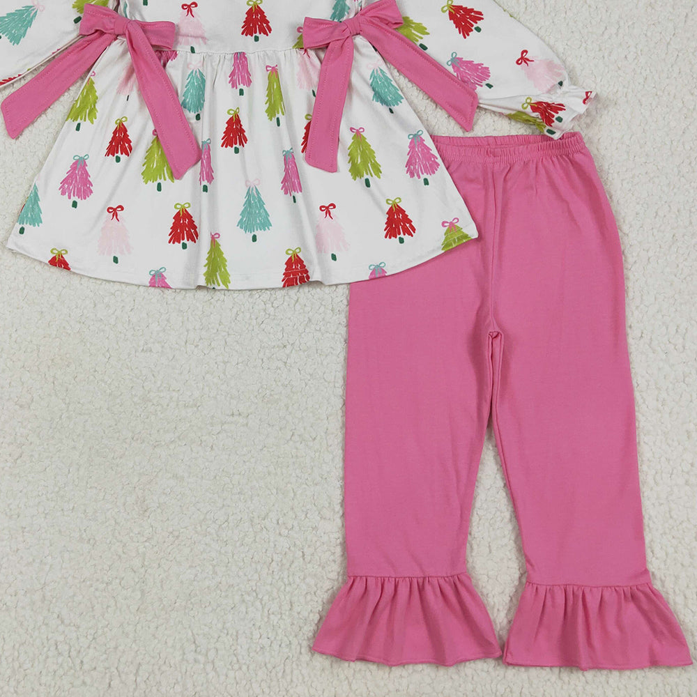 GLP2422RTS NO MOQ Baby Girls Winter Outfits Baby Girls Long Sleeves Bows Trees Tunic Ruffle Pant Set