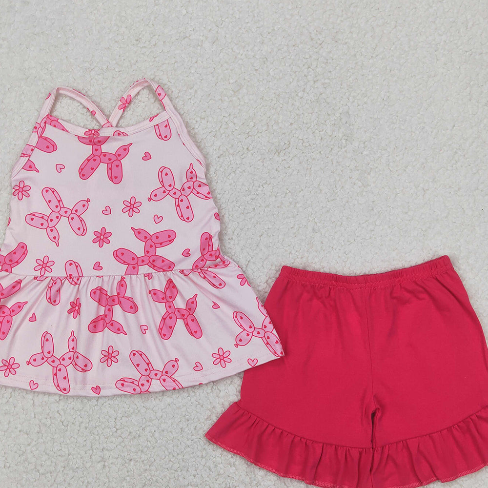6.16 GSSO2439 RTS NO MOQ Baby Girls Summer Outfits Pink heart dog tunic ruffle shorts girls clothing set