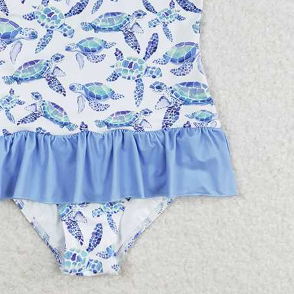 S0430Girls Turtle Halter One Piece Swimsuit Summer Fun Floral Print Swimwear for Kids