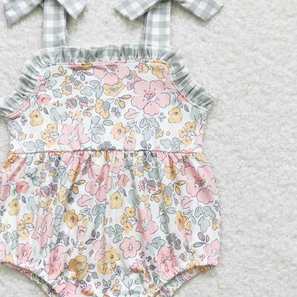 4.30 SR0921 RTS NO MOQ Plaid suspender floral baby girls summer romper
